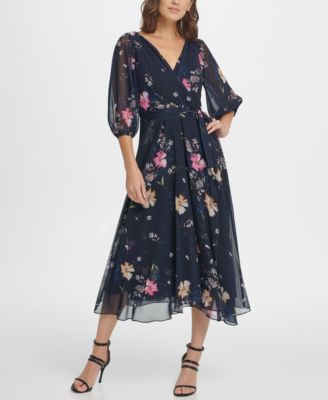 Donna Karan Dkny Women's Floral Faux Wrap Dress With Balloon Sleeve - In  Spring Navy Multi | ModeSens